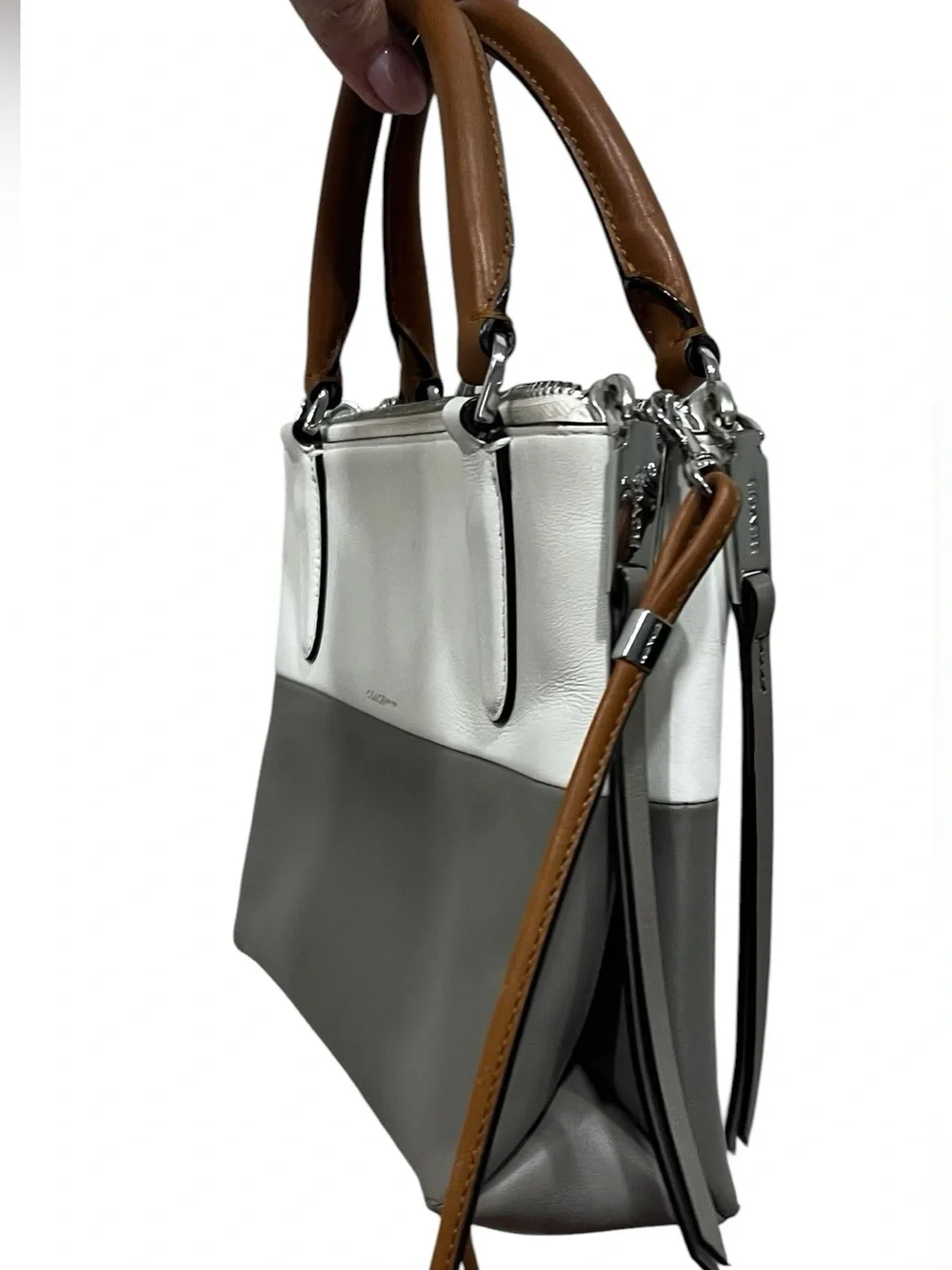 Coach Small Colorblock Leather Crossbody Satchel Gray White Tan Triple Zip Bag